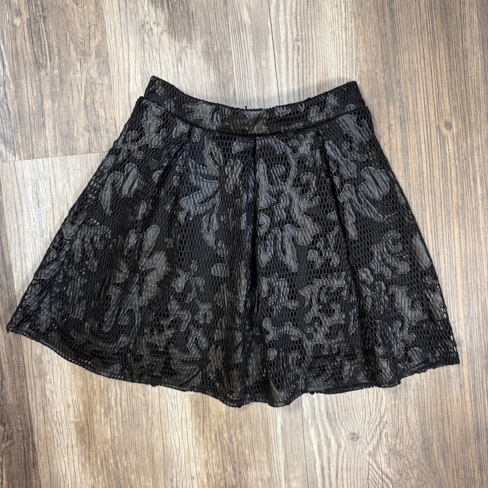 Whimsigoth Edgy Grunge Black Mesh Faux Leather Floral Mini Skirt Dark Romance M